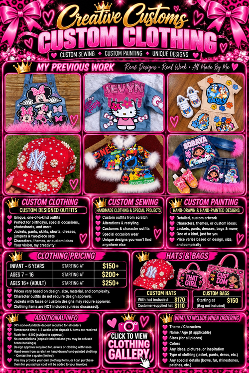 Creative Customs custom clothing pricing and information